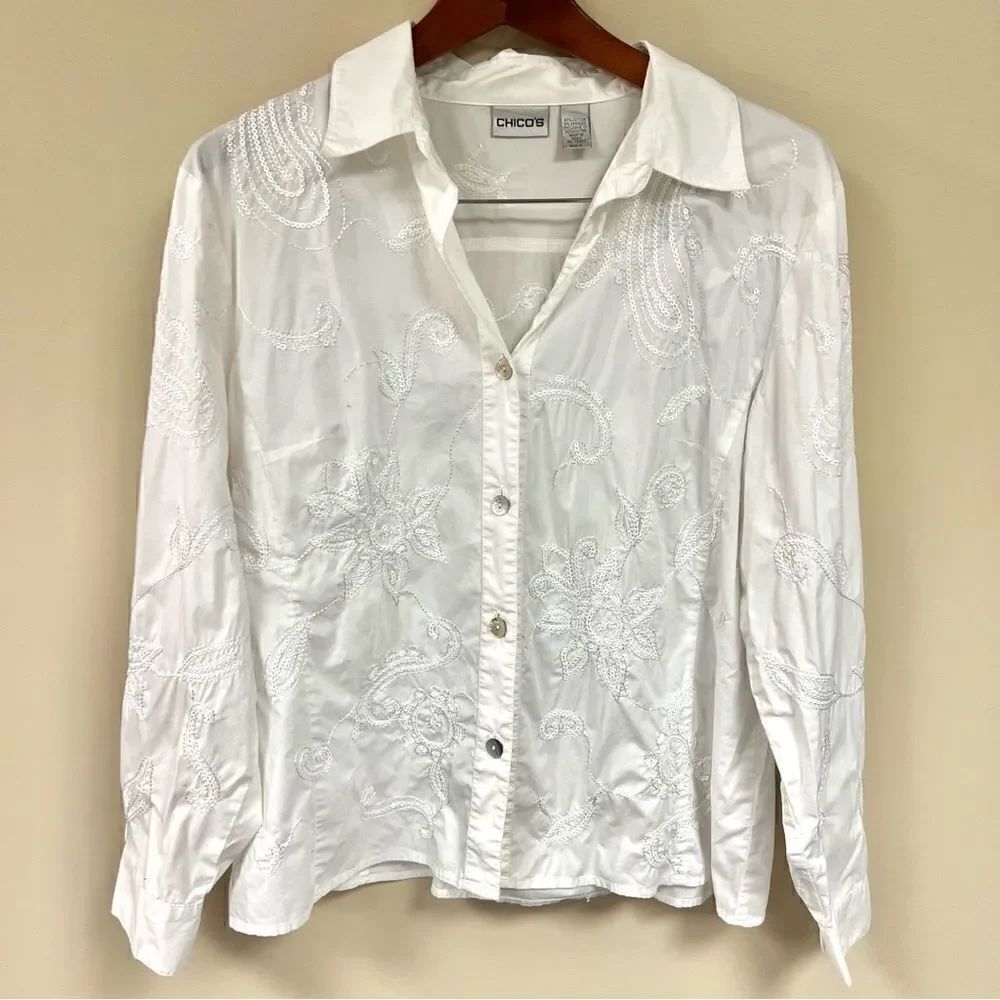 Chicos white embroidered button down. Size M